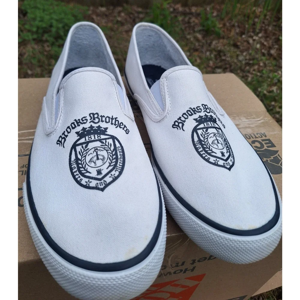 Sperry x Brooks Brothers Crest White Navy Canvas Slip On size 11.5